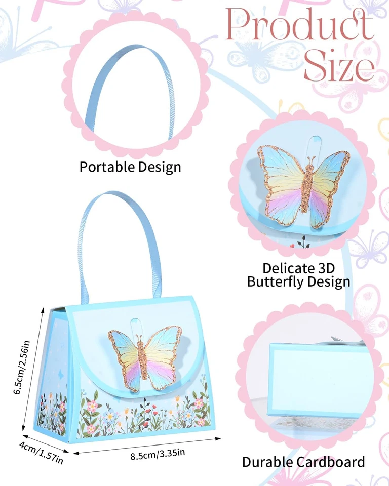 Caja de 20 piezas de regalos de fiesta de mariposas 3D cajas de golosinas de mariposas con asas trasero Foto 2 de 4