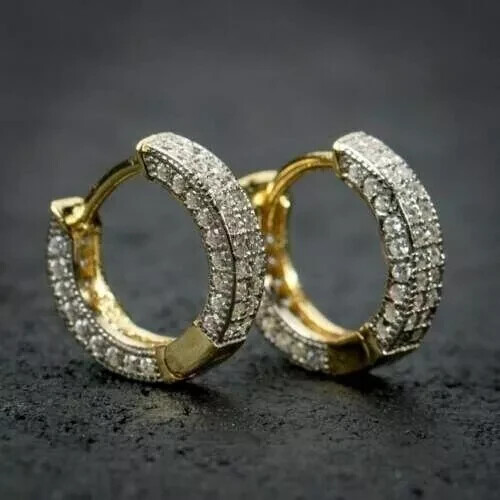 Boucles D'oreilles Créoles Huggie Hoop Pour Homme - Diamants De Labo 1.60 Ct - Or Jaune 14k Sur Argent 925