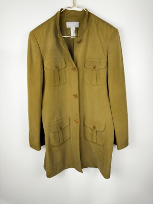Liz Claiborne 100% Silk Sz 16 Blazer Utility Jacket Long Green Pockets 