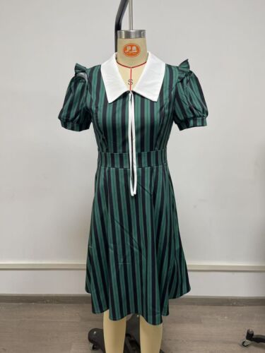 Women's dress stripes Vintage short-sleeved dres Lapel Slimming Mid-length skirt