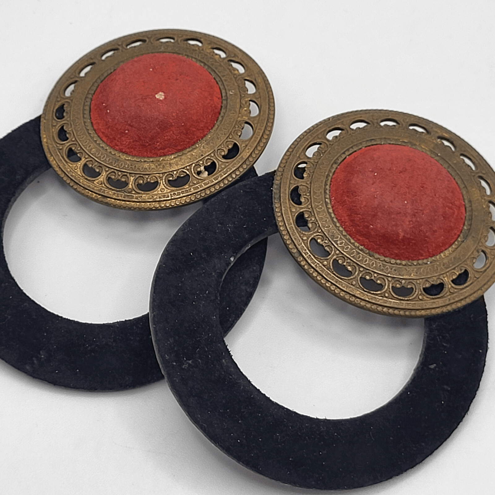 Large Baroque Statement Earrings Suede Brass Circ… - image 3