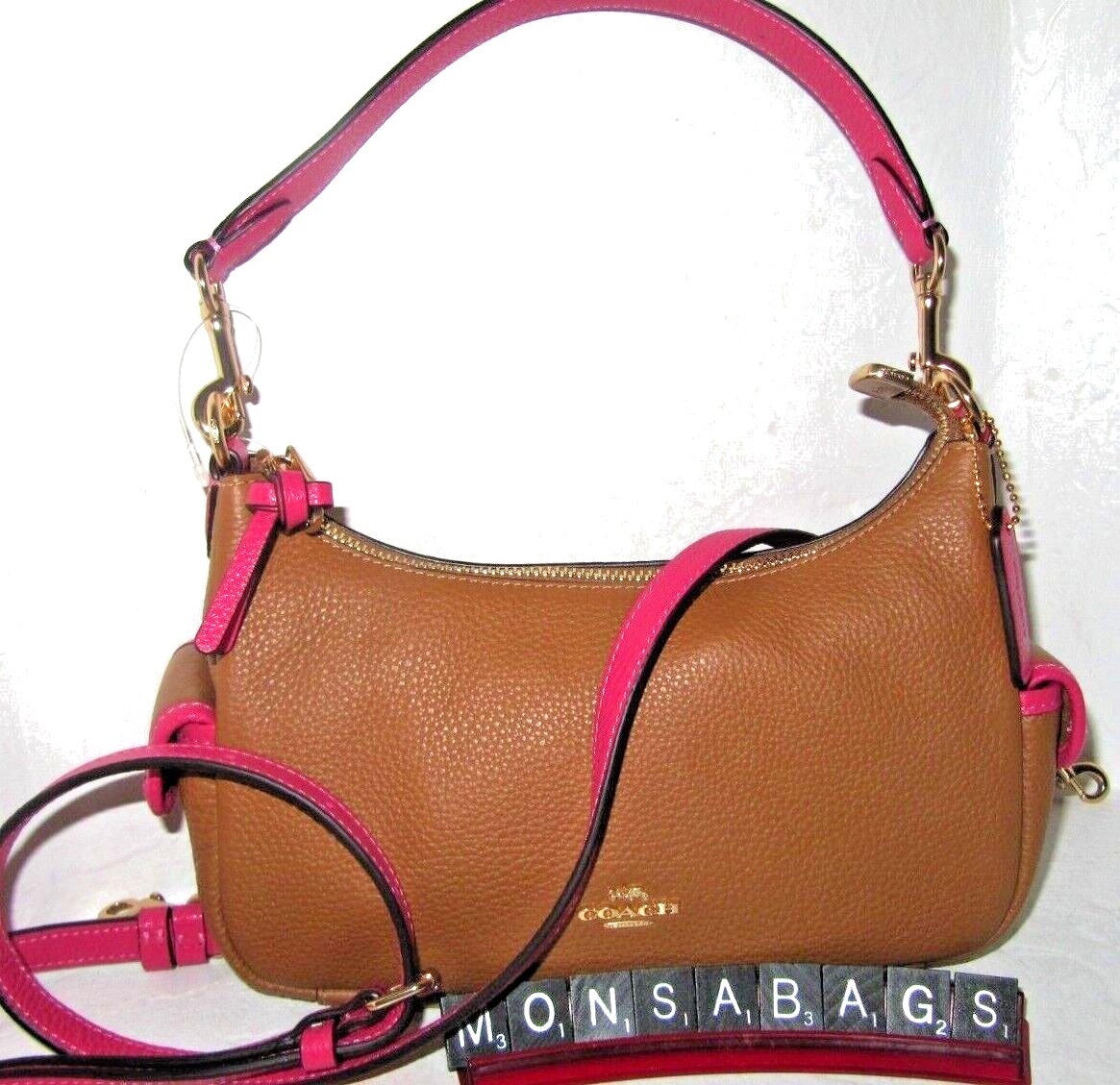 coach ボディバッグ Coach C8156 Penny 25 Bold Pink Trim Pebbled Leather Shoulder Bag