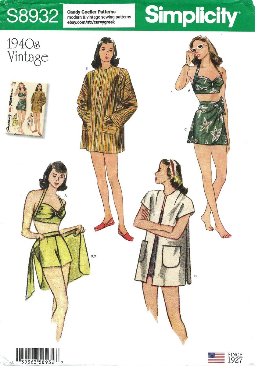 Simplicity S8932 Retro 1940s Bikini Top, Shorts, Wrap Skirt & Coat