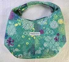 Tupperware Lunch Bag Zipper Hobo Style Green Floral Vintage Quilted