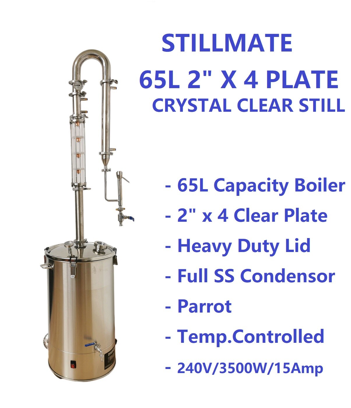 StillMate 65L Crystal Clear 2"x4 Plate Still Make Moonshine Gin Whisky Bourbon