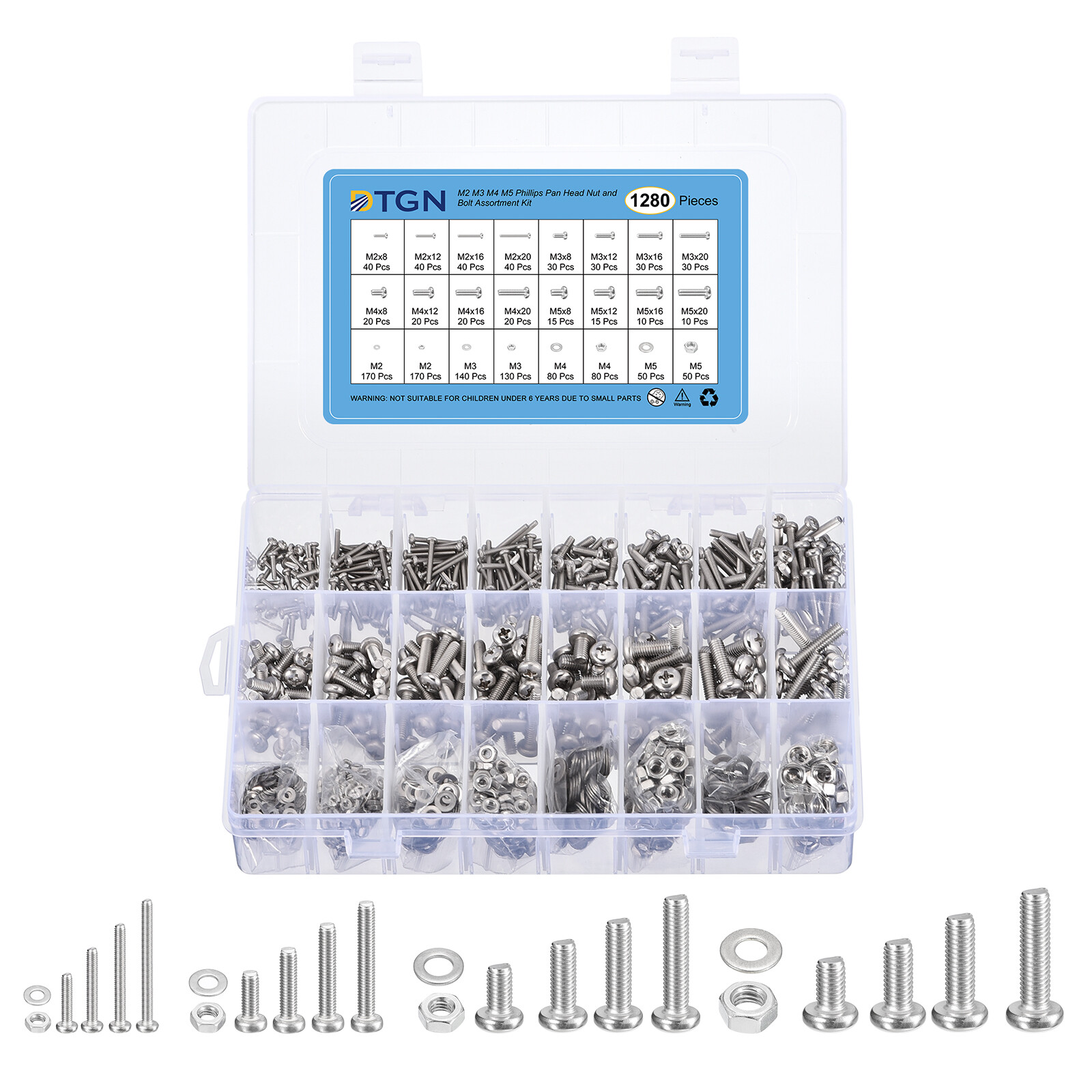 M2 M3 M4 M5(D) Phillips Pan Head Machine Screws 1280Pack