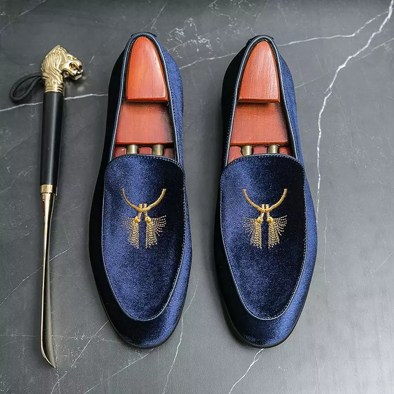 Royal Blue Velvet Loafers with Gold Tassels