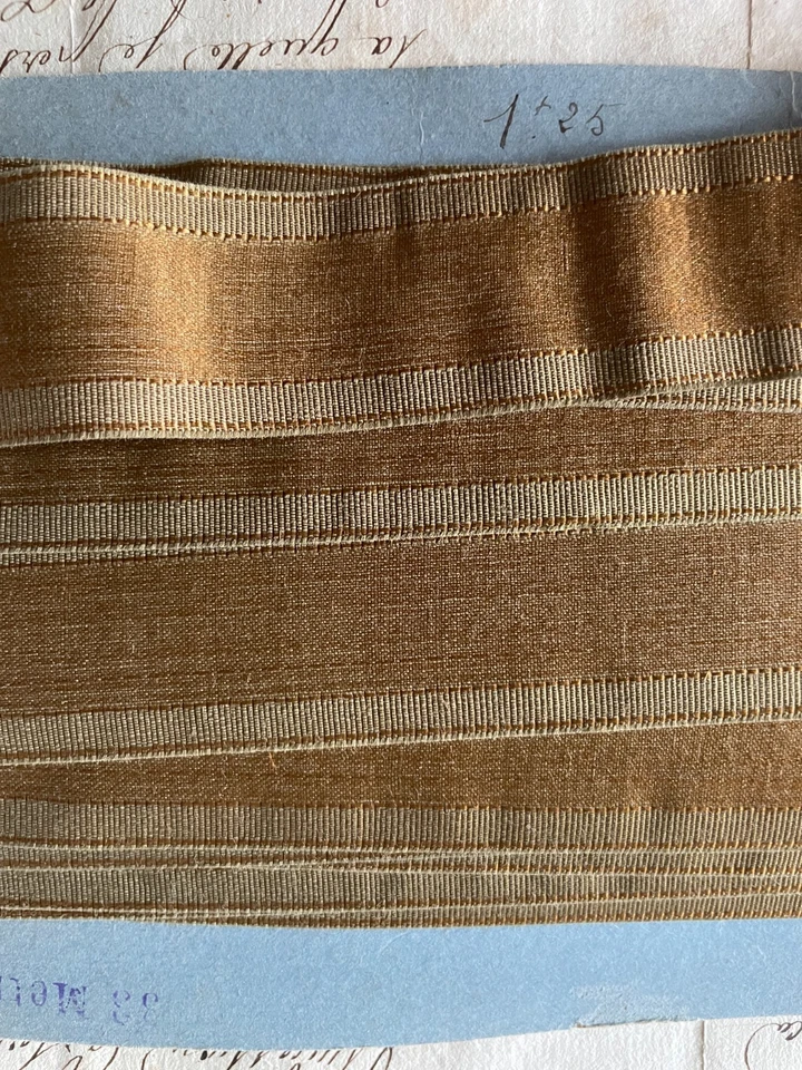 Antique French Silk Ribbon Dark Gold with Mid Sage Green Grosgrain Edge 19 yds - Image 2 of 3