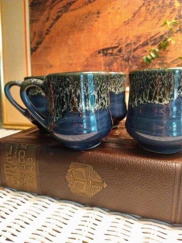 Daneen Pottery Set of 5 Vintage Blue Glaze Mugs Tea Coffee Cups