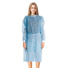 Blue Disposable Medical Isolation Gown Cuffs Back Ties 50 Pack 45 gsm