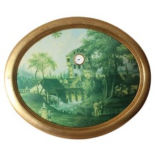 BRADEX Vintage Bilderuhr Sammelteller "Am Wehr" Landschaft oval Goldrahmen Holz