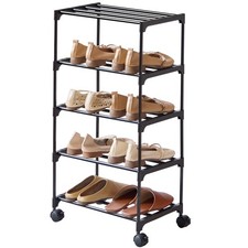 5-Tier Small Shoe Rack with Wheels, Slide-Out Metal Shoe Racks Storage, Anti-...