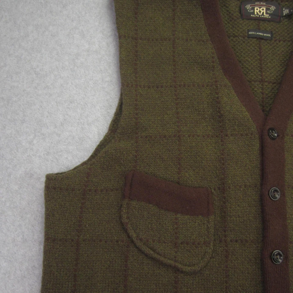 RRL Ralph Lauren Vest Mens Large Green Lambswool Knit Windowpane Pockets Sweater - Image 3 of 4