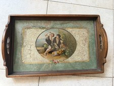 Vintage Wooden Serving Tray With Glass Top Handles And Classic Romantic Art