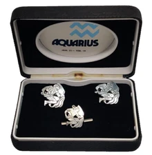 AQUARIUS Men's Cufflinks & Tie Tack Zodiac Astrology Set in Box VTG Original