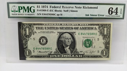 1974 $1 Federal Reserve Note Richmond PMG 64 EPQ - Ink Smear Error - Picture 4 of 5
