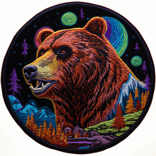 Grizzly Bear Patch Iron-on Applique Mountains Forest, Nature Scene, Moon  Stars
