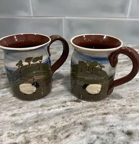 Vintage Caroline Smith Abbot Pottery Sheep Farm England Coffee Mugs Set Of 2