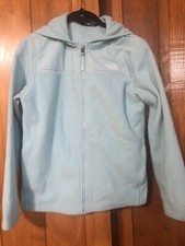 The North Face Jacket Youth L 24/16 Fleece Fuzzy Hooded Full Zip Light Blue Girl
