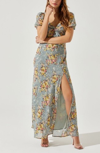 NEU ASTR The Label SCHIEFER gelb SWEETHEART AUSSCHNITT Blumenmuster TWIST BUST Maxikleid XS - Bild 9 von 15