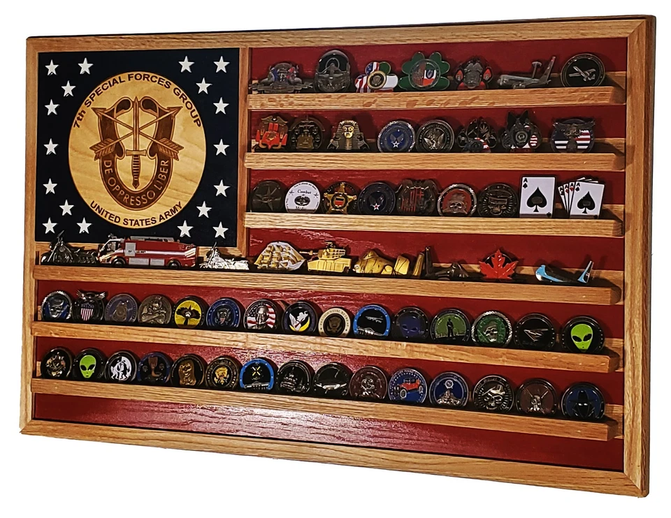US Army 7th Special Forces Group Challenge Coin Display Flag 70-100 Coins Trad. - Image 4 of 4