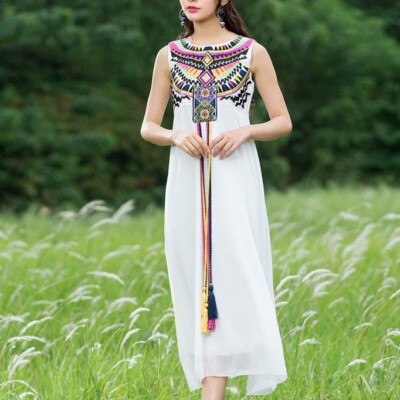 sleeveless white boho maxi dress Mustard Seed Olivia White Halter Maxi Dress - Size L - Empire Waist, Side Slit, Lightweight Woven Fabric