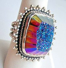 925 STERLING SILVER TITANIUM PLATED DRUZY QUARTZ SHINY RING SIZE 8