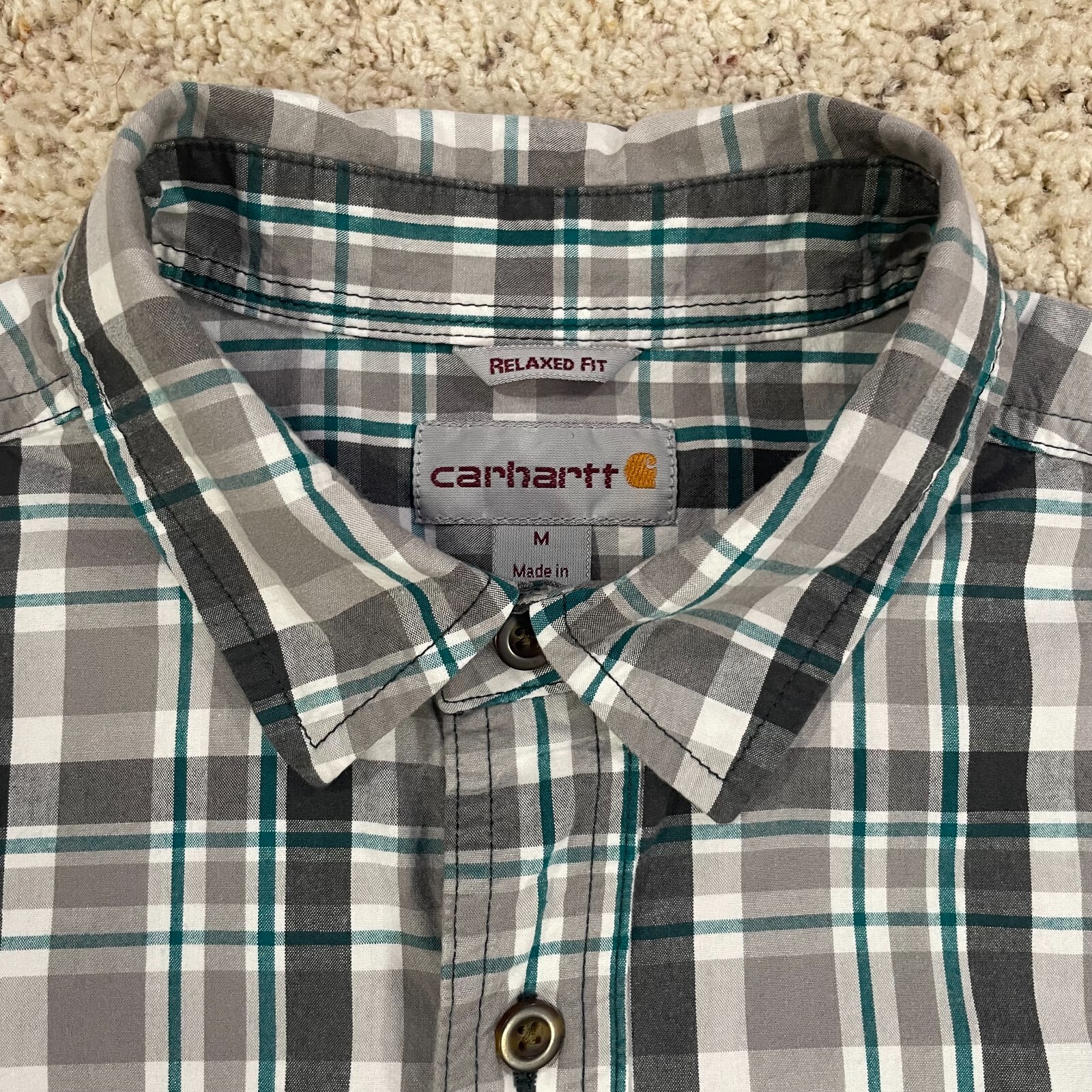 Carhartt Relaxed Fit Mens Medium Gray Green Plaid Casual Work Short Sleeve Shirt thumbnail 3