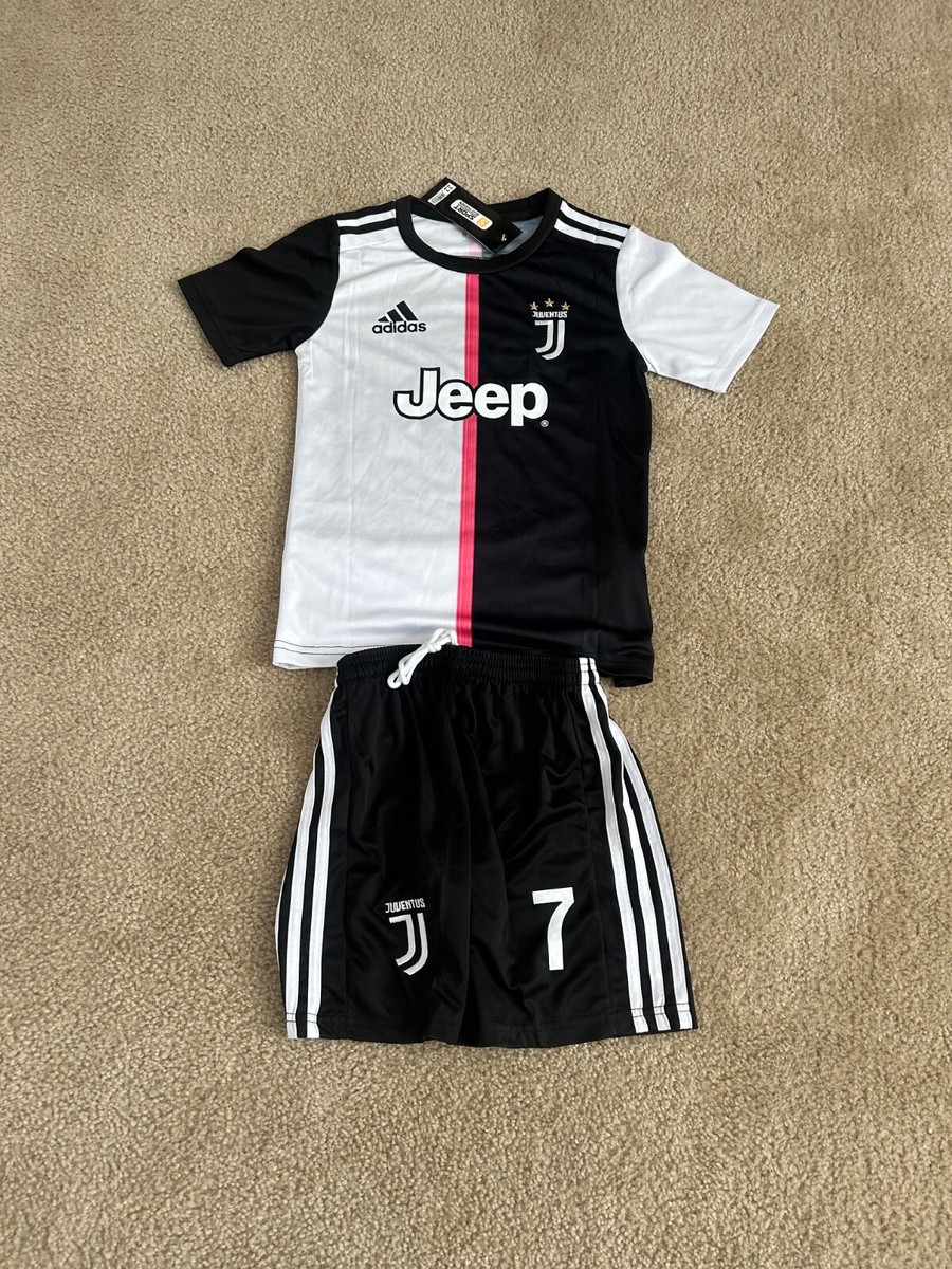 Ronaldo #7 Juventus Youth kids White and Black Jersey W-Shorts