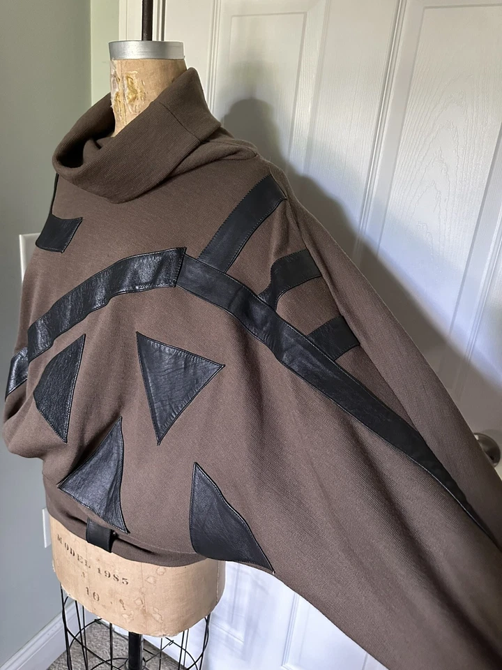 Pom Pom Frank Owen Suéter Vintage Lana Cuero Manga Ala de Murciélago Marrón Negro Glamour Foto 2 de 4