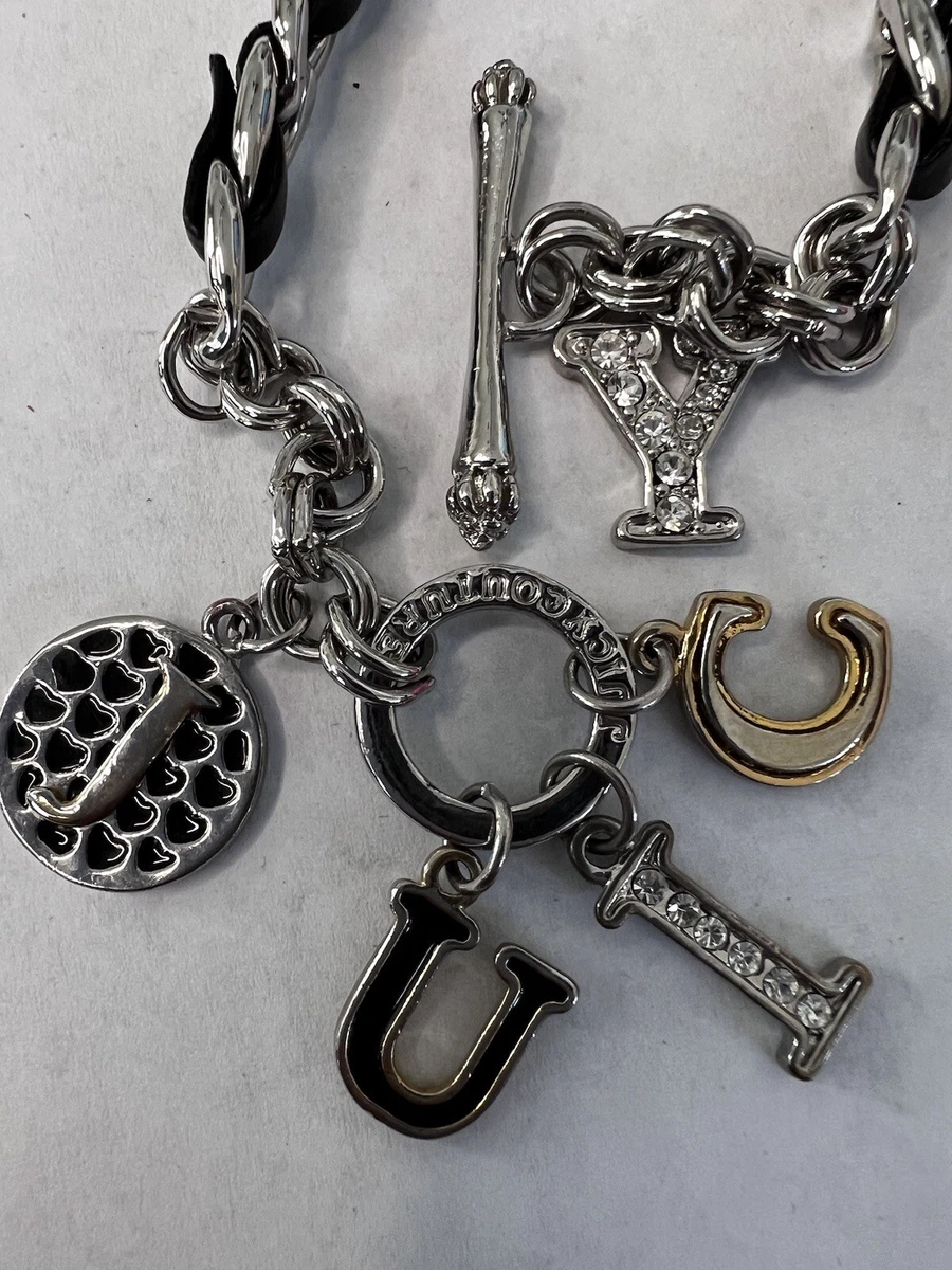 Juicy Couture silver Charm bracelet with Spell Out and Black Ribbon With Chain