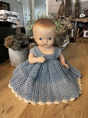 Vintage Large Irwin Celluloid Plastic Baby Doll in Blue Crocheted Dress 11.5 