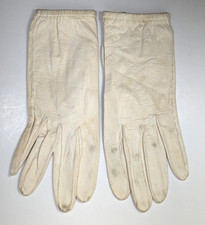 Vtg Cream Leather Gloves Rouched w/ Faux Pearl Button Closure SEE DESCRIPTION 