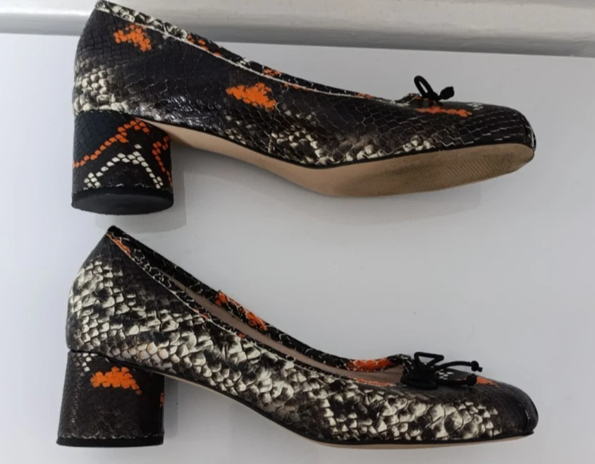 ZARA Snake Embossed Print Pumps Block Heel Orange Black Ballet Style Shoes UK 5 - Image 3 of 4