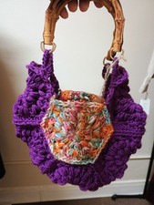 Handmade Crochet Purple Multicolor Granny Hexagon Handbag W/ Bamboo Handles