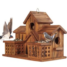 MIXUMON Bird Houses for Outside with Bird Feeder, Outdoor 3 Hole Bird House Room