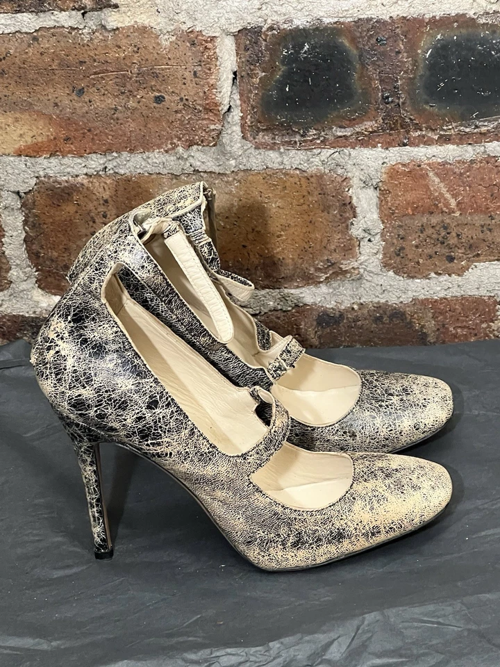 DIESEL BLACK GOLD Y2K BEIGE/BLACK CRACKLED LEATHER ANKLE STRAP HIGH SHOES UK 5 - Image 3 of 4