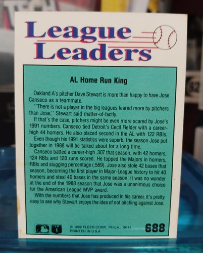 1992 Fleer #688 Jose Canseco Oakland Athletics - Picture 2 of 2