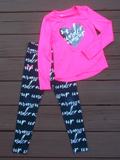 2 Piece UNDER ARMOUR SET, Black Logo Leggings, Bright Pink Logo Heart, Kid's 6