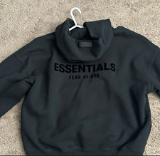Essentials Fear of God Men's Black Pullover Hoodie L Logo Hooded Pockets