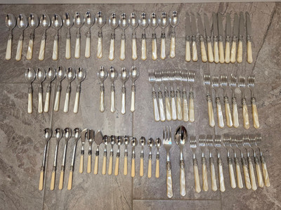 vtg 76 Pieces EME Napoleon Stainless Flatware Ivory Cream Color Handles vintage