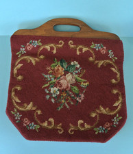 Vintage Needlepoint Floral Tapestry Burgundy Red Handbag