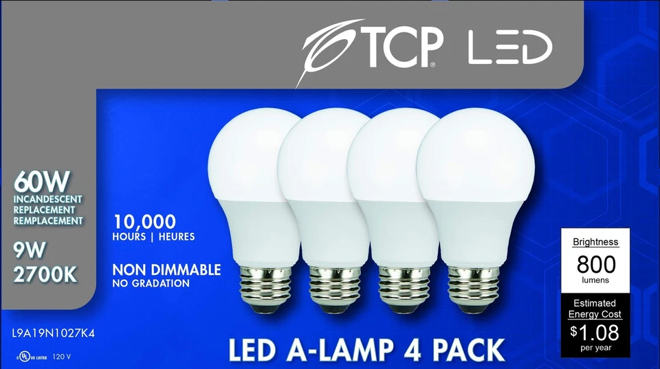TCP L9A19N1027K4 LED 60 Watt Equivalent Light Bulbs, A19 Shape, Soft White, 4... - Image 4 of 4
