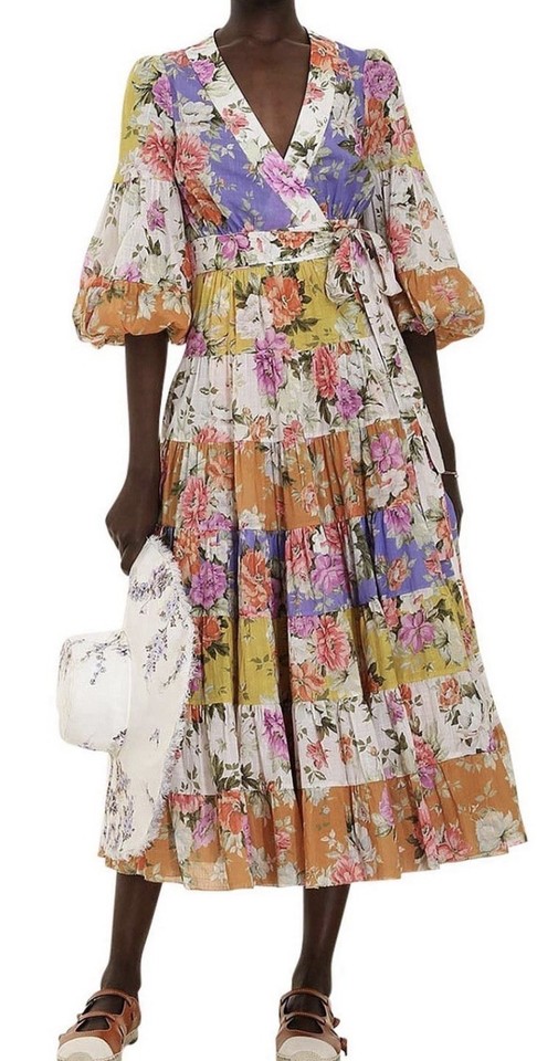 Zimmermann Pattie Wrap Midi Dress Size 12 AU 12 US 6 Floral Patchwork