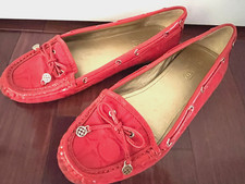 COACH red flat slip-on loafer shoes embossed "C" tassel buckle accent women 7M