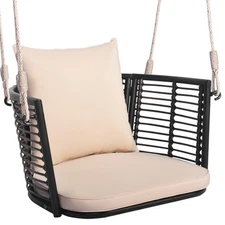 Outdoor Metal Porch Swing Single Person Hanging Seat w/Woven Rattan Backrest