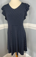 Ann Taylor Factory Small Petite, Navy White Pocka Dot V Neck Ruffle Sleeve Dress