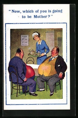 Künstler-AK Donald McGill: Which of you is going to be mother?, Kellnerin mit z 