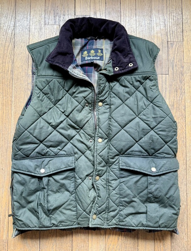 Barbour Quilted Puffer Down Vest Gilet Large Full Zip Green Tartan Lining