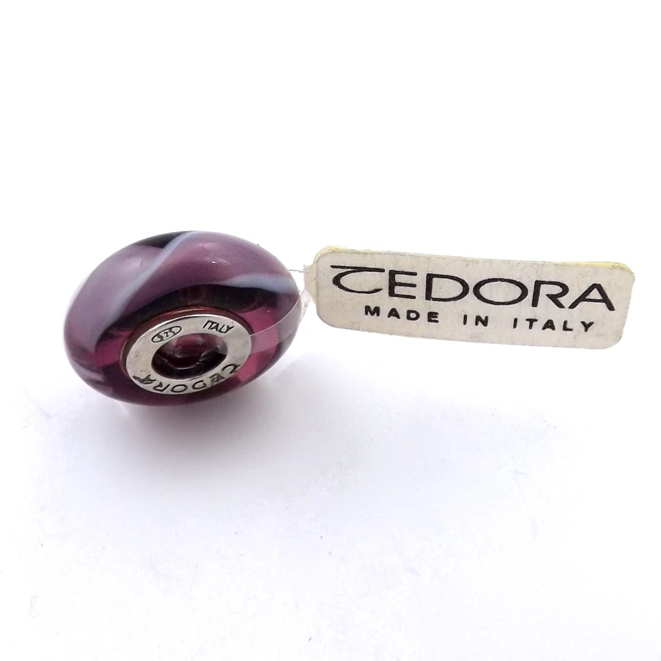 Nuevo Dije Tedora Plata Esterlina Púrpura Caramelo Rayas Remolinos Vidrio Murano Cuentas Foto 2 de 4